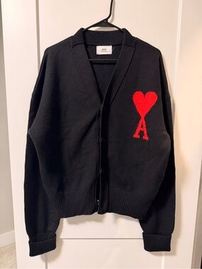 Ami Black Knit Cardigan with Red Heart A Motif